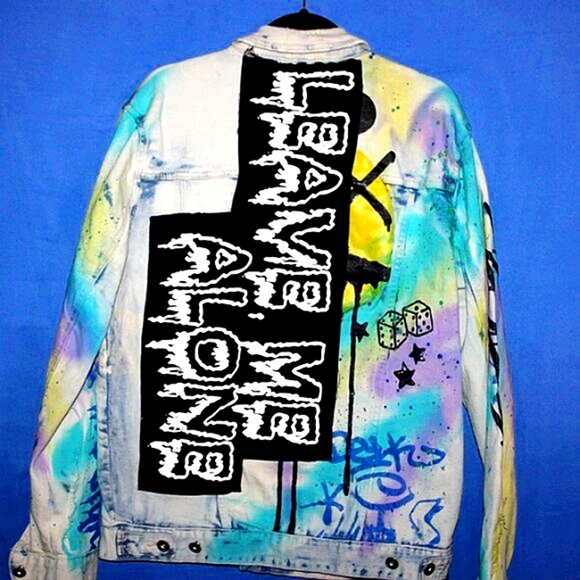 Smoke Rise Graffiti Paint Splatter Denim Jacket L - Picture 10 of 14
